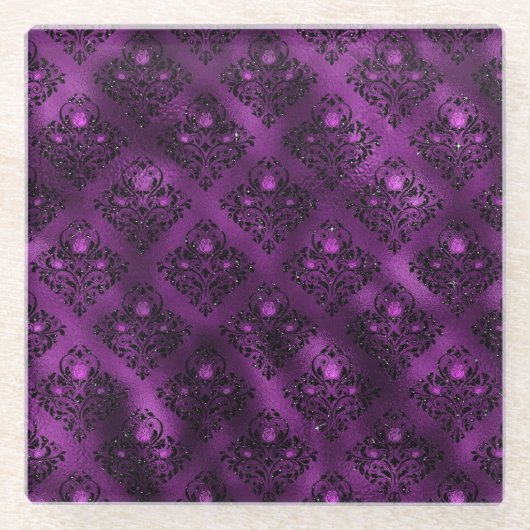 パープルググラデーションラムグリッターダマスクパターン ガラスコースター (正面)