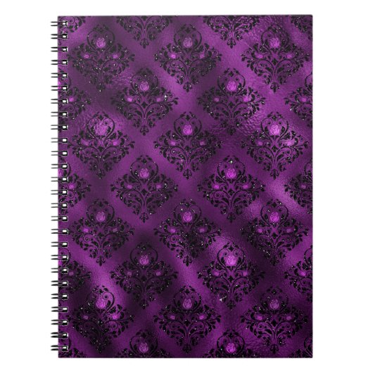 パープルググラデーションラムグリッターダマスクパターン ノートブック (正面)