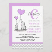 パープルグモダンレーエレファントSIP&SEEベビーガール 招待状 (正面/裏面)