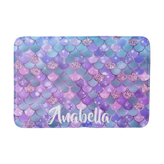 パープルグラデーションティール（緑がかった色）グリッターマーメイドはかりで測 バスマット (正面)