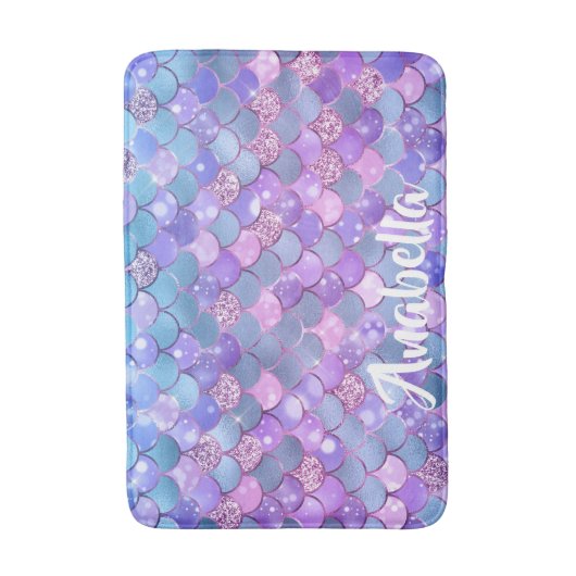 パープルグラデーションティール（緑がかった色）グリッターマーメイドはかりで測 バスマット (正面縦)