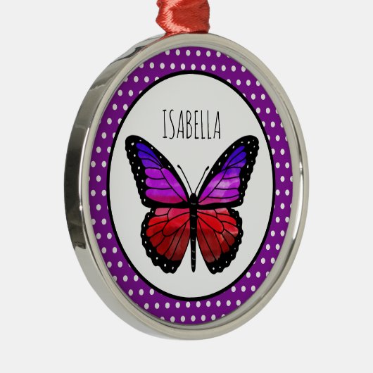 パープルグラデーションバタフライ水玉模様パーソナライズされた メタルオーナメント (右)
