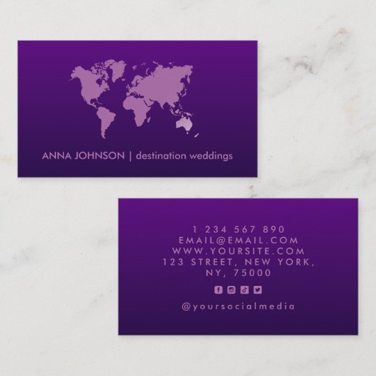 パープルグラデーションワールドマップトラベルエージェント結婚ズ 名刺 (正面/裏面)