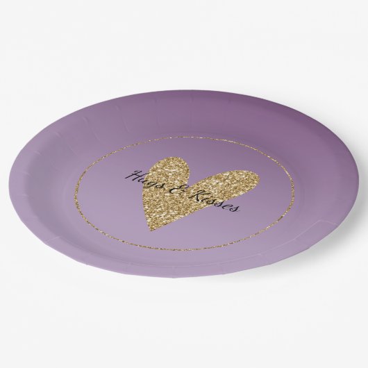 パープルグラデーション金ゴールドグリッターハート ペーパープレート (アングル)