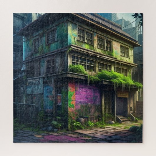 パープルグラフィティ建物都市崩壊 ジグソーパズル (縦)