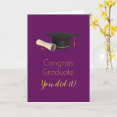パープルグラードおめでとうの卒業式キャップと卒業証書 カード (黄色い花)