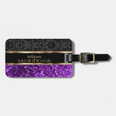 パープルグリッターとブラックダマスク ラゲッジタグ (正面横)