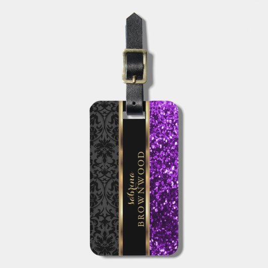 パープルグリッターとブラックダマスク ラゲッジタグ (正面縦)
