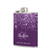 パープルグリッターのモノグラムネームスクリプト フラスク (左)