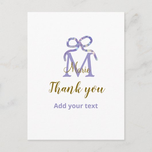 パープルグリッターの蝶結びに名前のイニシャルを入れて ポストカード (正面)