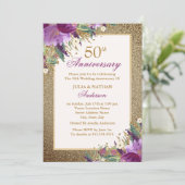 パープルグリッターアメジストフラワーフィフティアン結婚式 招待状 (スタンド正面)