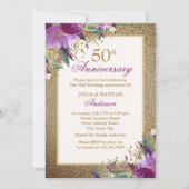 パープルグリッターアメジストフラワーフィフティー周年 招待状 (正面)