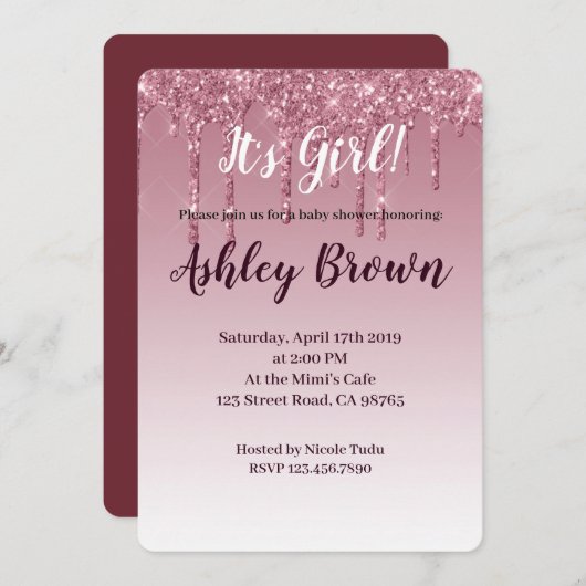 パープルグリッターイットガールベビーシャワーきらきら光る招待状 招待状 (正面/裏面)