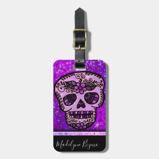パープルグリッターエレガントブラックスカルトラベルモノグラム ラゲッジタグ (正面縦)