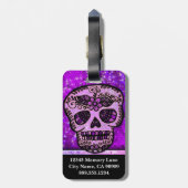 パープルグリッターエレガントブラックスカルトラベルモノグラム ラゲッジタグ (裏面縦)