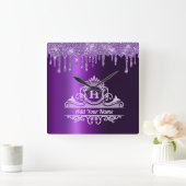 パープルグリッターエレガントモノグラム壁時計 スクエア壁時計 (ホーム)