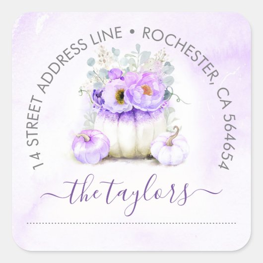 パープルグリッターカボチャ秋パーティーアドレス スクエアシール (正面)