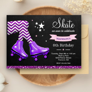 パープルグリッターガールズローラースケートで滑る誕生日パーティー 招待状