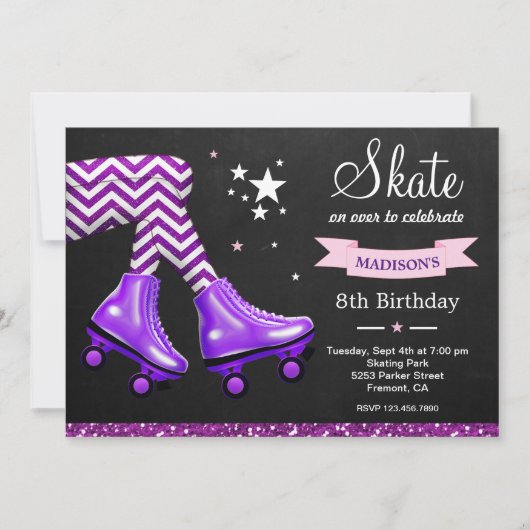 パープルグリッターガールズローラースケートで滑る誕生日パーティー 招待状 (正面)