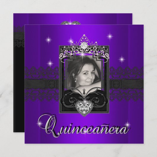 パープルグリッターキンセアニェラ15thバースデーパーティー 招待状 (正面/裏面)