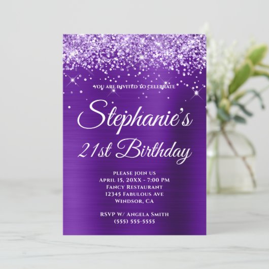 パープルグリッターグラデーションインディゴフォイル21歳の誕生日 招待状 (スタンド正面)
