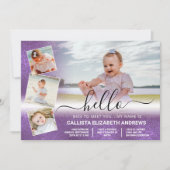 パープルグリッターグラデーション誕生フォトコラージュ 案内状 (正面)