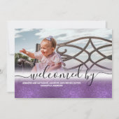 パープルグリッターグラデーション誕生フォトコラージュ 案内状 (裏面)