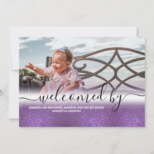 パープルグリッターグラデーション誕生フォトコラージュ 案内状 (裏面)