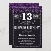 パープルグリッターサプライズ13歳誕生日招待状 招待状 (正面/裏面)