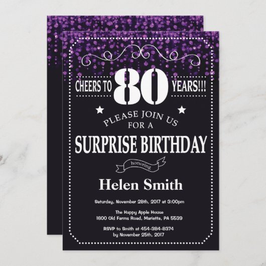 パープルグリッターサプライズ80th誕生日招待状 招待状 (正面/裏面)