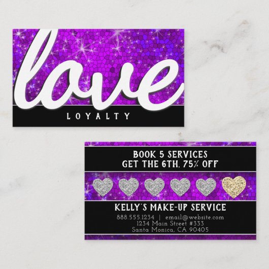 パープルグリッターサロンヘアスタイリストメイクアップアーティストスパ 予約カード (正面/裏面)