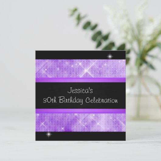 パープルグリッターシルバーライト黒30歳誕生日 招待状 (スタンド正面)