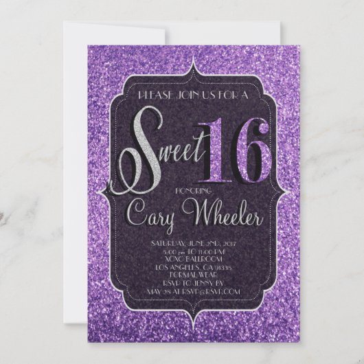 パープルグリッタースイート16誕生日招待状 招待状 (正面)