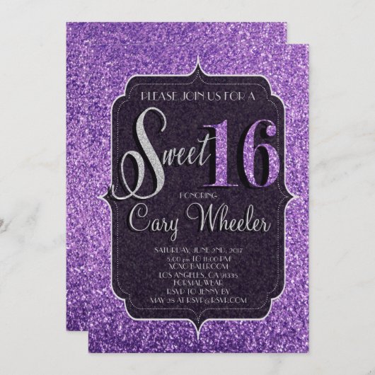 パープルグリッタースイート16誕生日招待状 招待状 (正面/裏面)