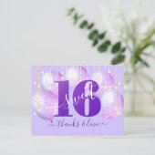 パープルグリッタースウィート16誕生日バルーンサンキュー ポストカード (スタンド正面)