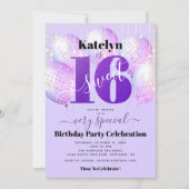 パープルグリッタースウィート16誕生日バルーンモダン 招待状 (正面)