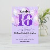 パープルグリッタースウィート16誕生日バルーンモダン 招待状 (スタンド正面)