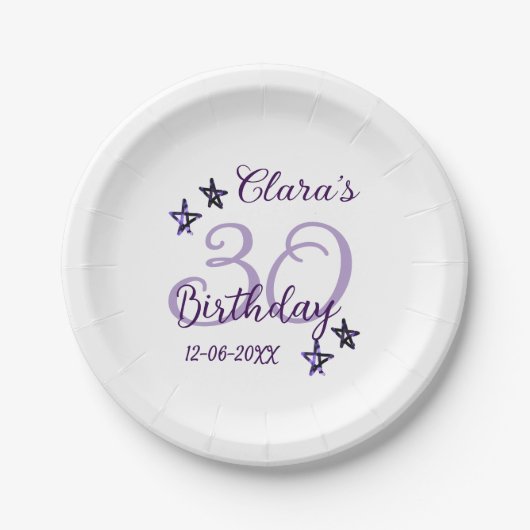 パープルグリッタースター30歳のレトロモダンビデオ ペーパープレート (正面)