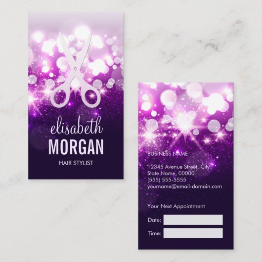 パープルグリッタースパークリー美容師アポイントメント 予約カード (正面/裏面)