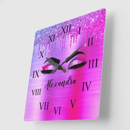 パープルグリッタースパークルアイドラッシュモノグラム名 スクエア壁時計 (傾斜)