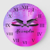 パープルグリッタースパークルアイドラッシュモノグラム名 ラージ壁時計 (正面)