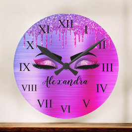 パープルグリッタースパークルアイドラッシュモノグラム名 ラージ壁時計