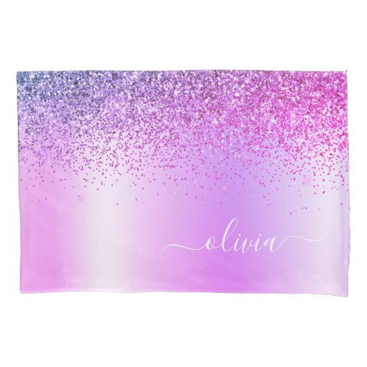 パープルグリッタースパークルグラムメタルモノグラム名 枕カバー (正面)