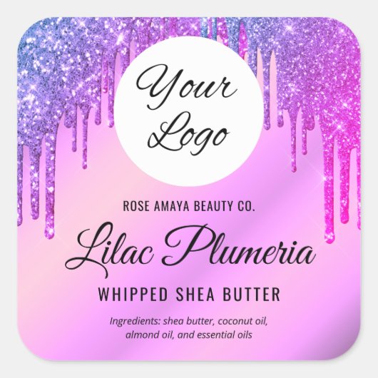 パープルグリッタースパークルドリップス美しい業界 スクエアシール (正面)