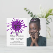 パープルグリッタースプラッシュスウィート16 16thバースデーパーティー 招待状 (スタンド正面)