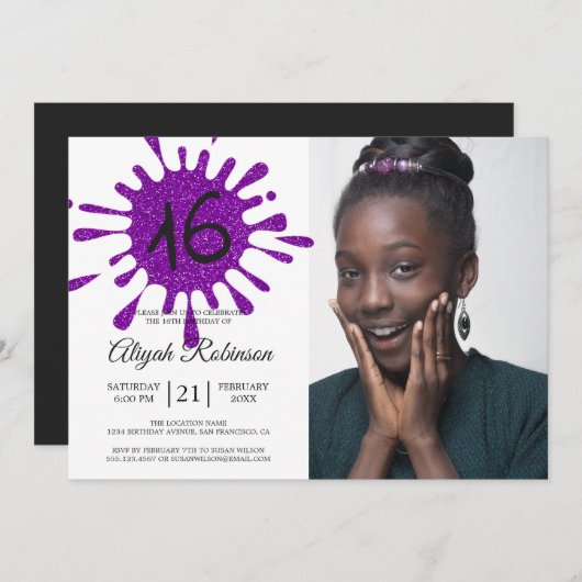 パープルグリッタースプラッシュスウィート16 16thバースデーパーティー 招待状 (正面/裏面)