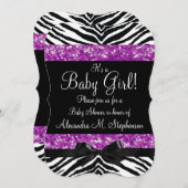 パープルグリッターゼブラボーベイビーシャワーガール 招待状 (正面/裏面)