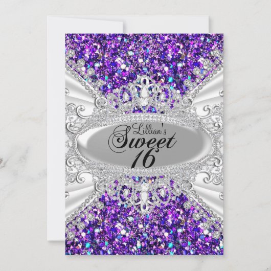 パープルグリッターダイアモンドティアラスウィート16招待状 招待状 (正面)
