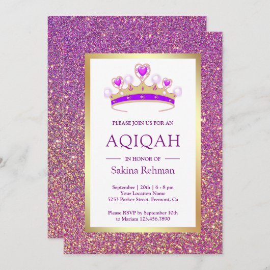 パープルグリッターティアラプリンセスアキカ 招待状 (正面/裏面)