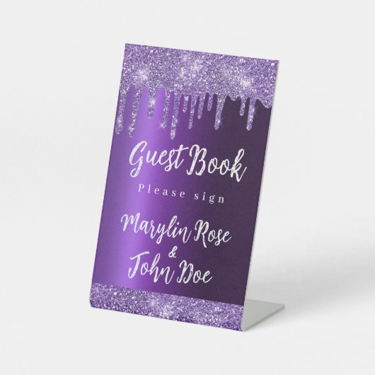 パープルグリッタードリップエレガントな結婚式 台座サイン (正面)